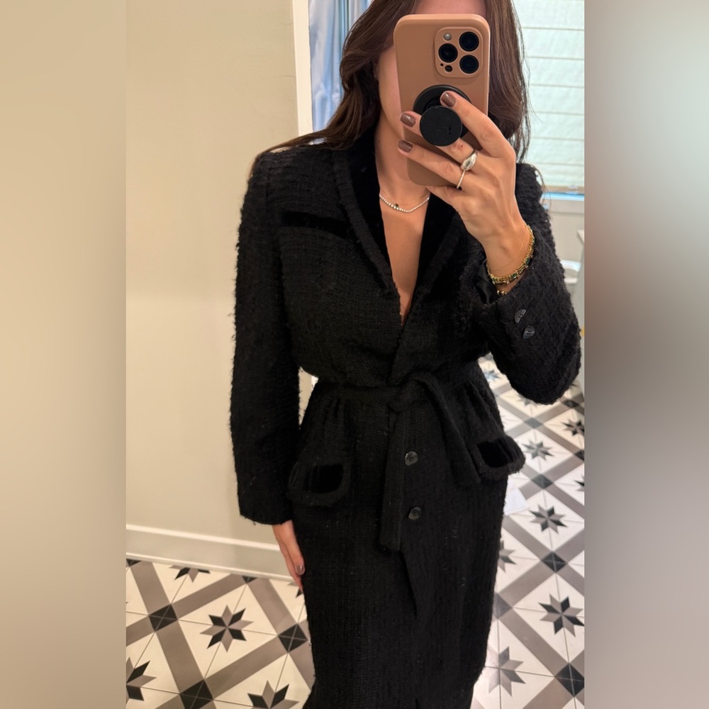 Vintage Valentino Couture Tweed Black Coat with Velvet Details